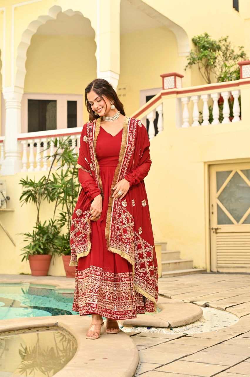 Red Faux Blooming Embroidered Zari Sequins Work Gown with Dupatta
