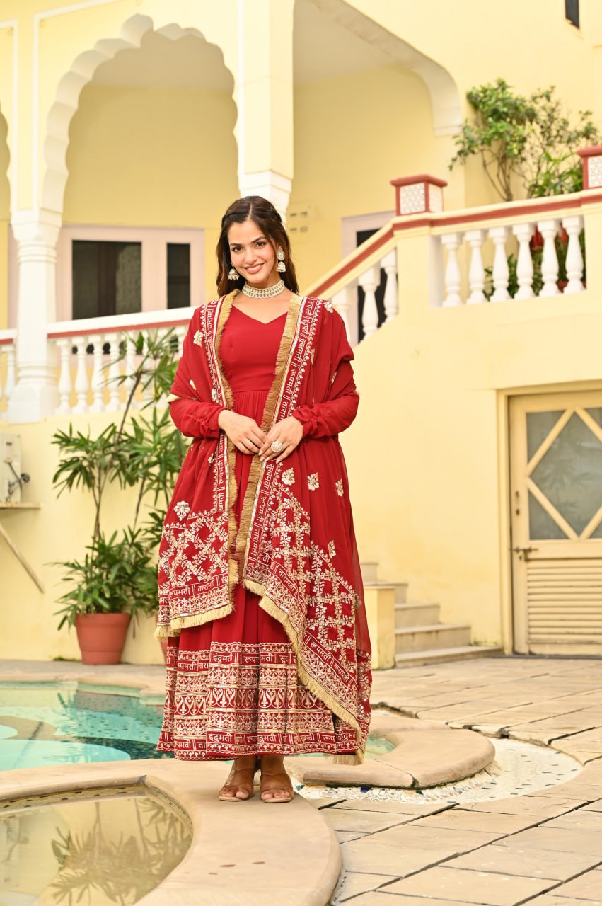 Red Faux Blooming Embroidered Zari Sequins Work Gown with Dupatta