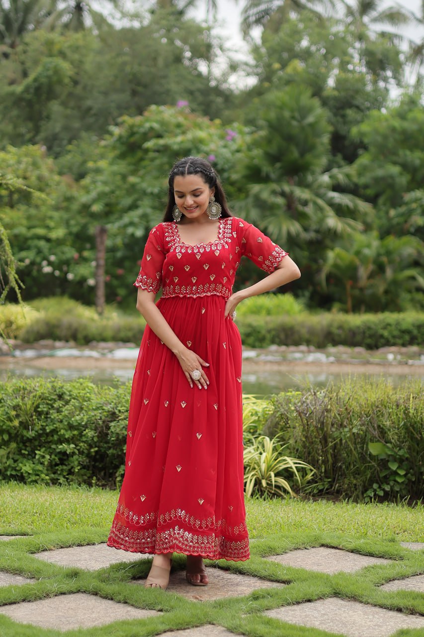 Red Faux Blooming Fabric Designer Readymade Gown with Zari & Sequins Embroidery
