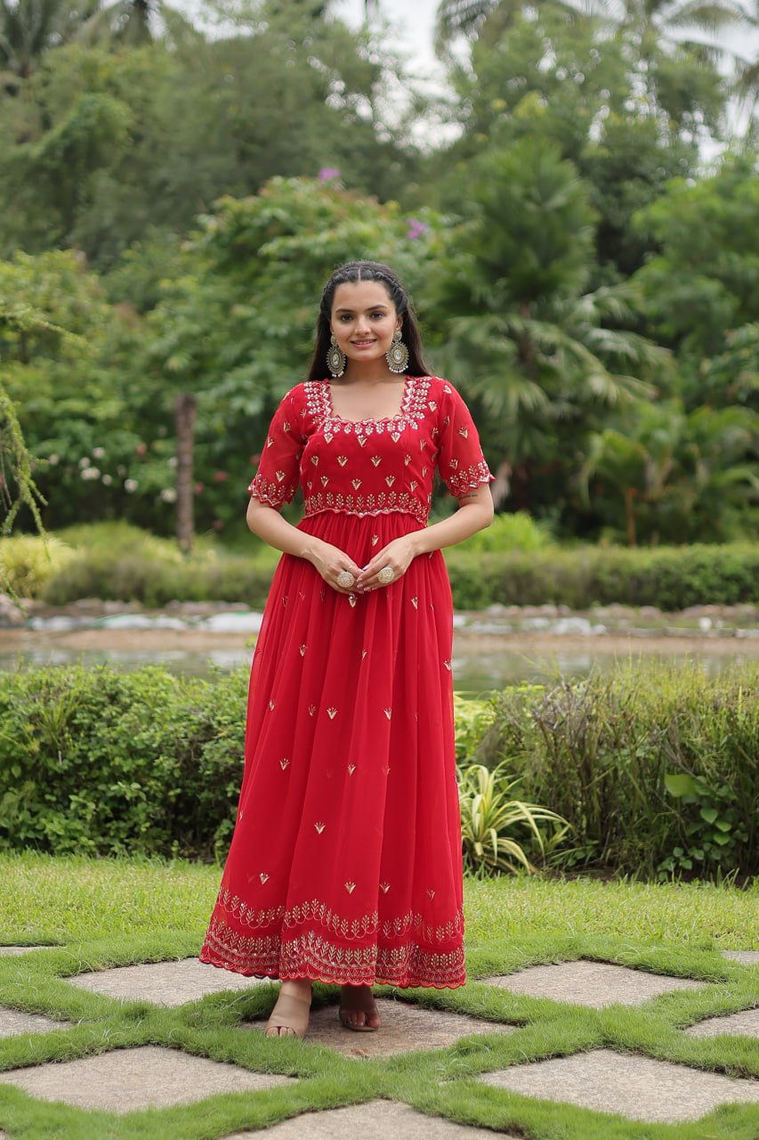 Red Faux Blooming Fabric Designer Readymade Gown with Zari & Sequins Embroidery