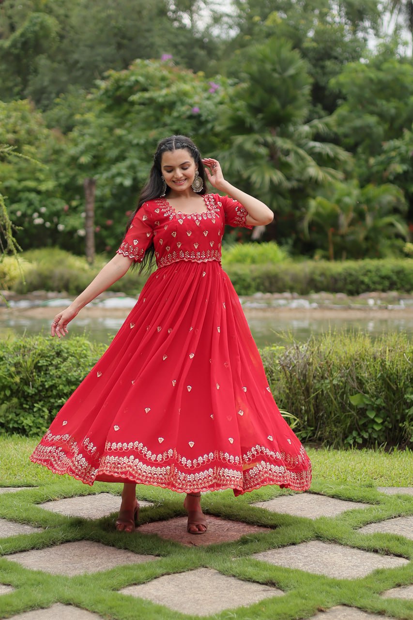 Red Faux Blooming Fabric Designer Readymade Gown with Zari & Sequins Embroidery