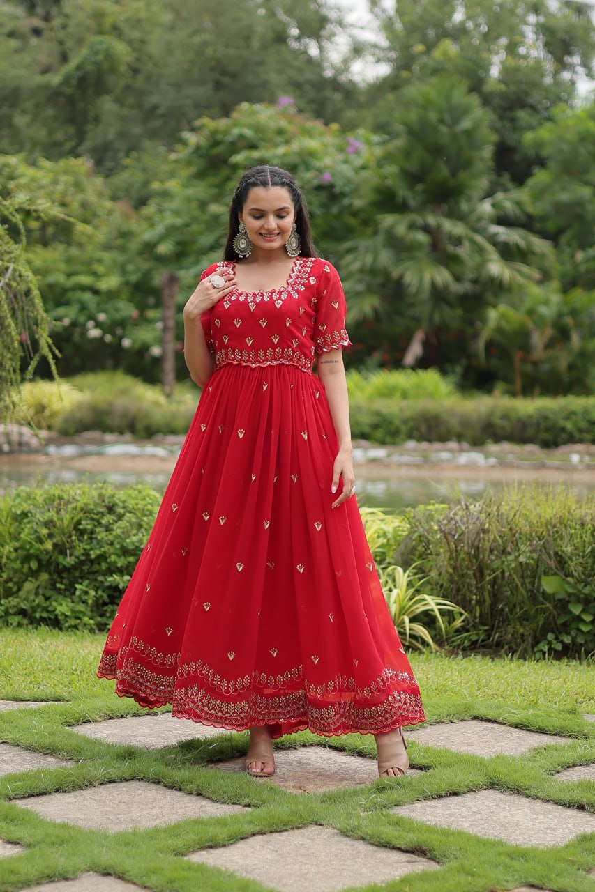 Red Faux Blooming Fabric Designer Readymade Gown with Zari & Sequins Embroidery