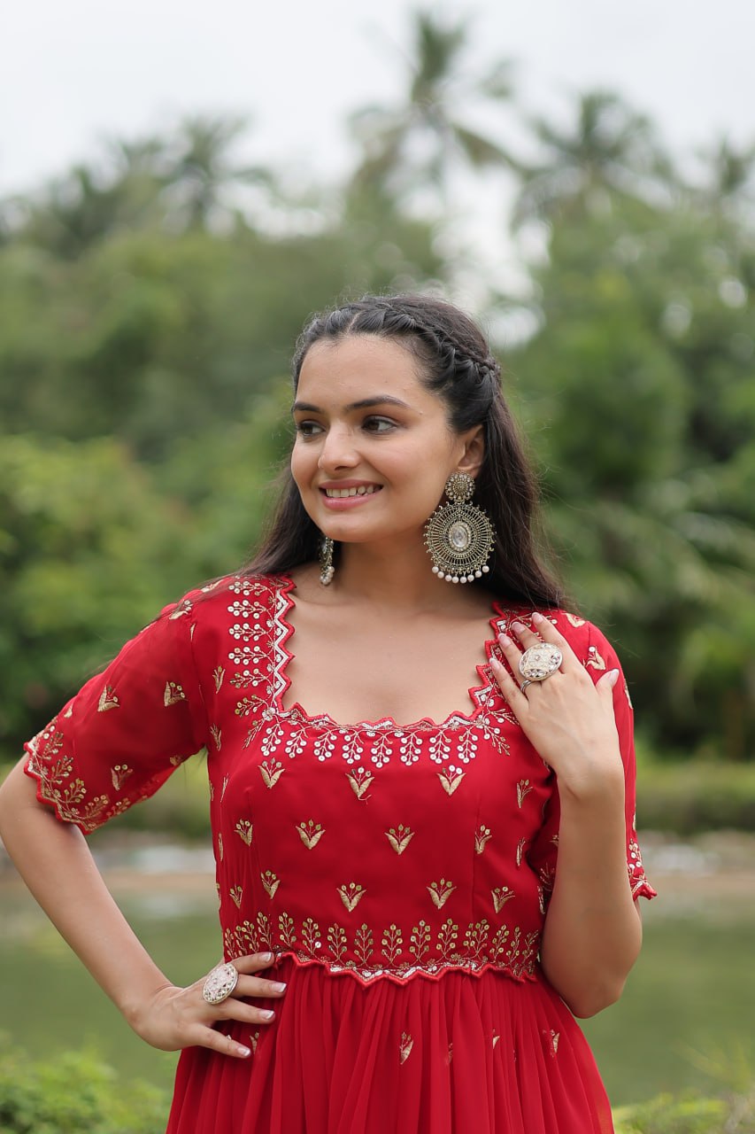 Red Faux Blooming Fabric Designer Readymade Gown with Zari & Sequins Embroidery