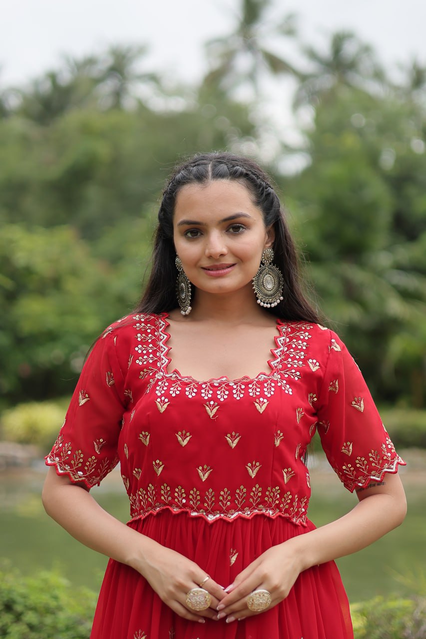 Red Faux Blooming Fabric Designer Readymade Gown with Zari & Sequins Embroidery