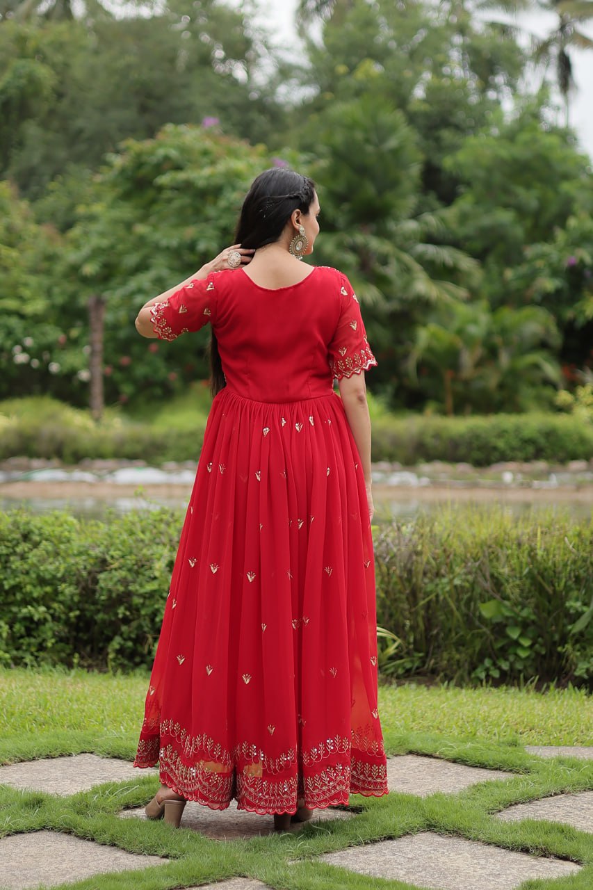 Red Faux Blooming Fabric Designer Readymade Gown with Zari & Sequins Embroidery