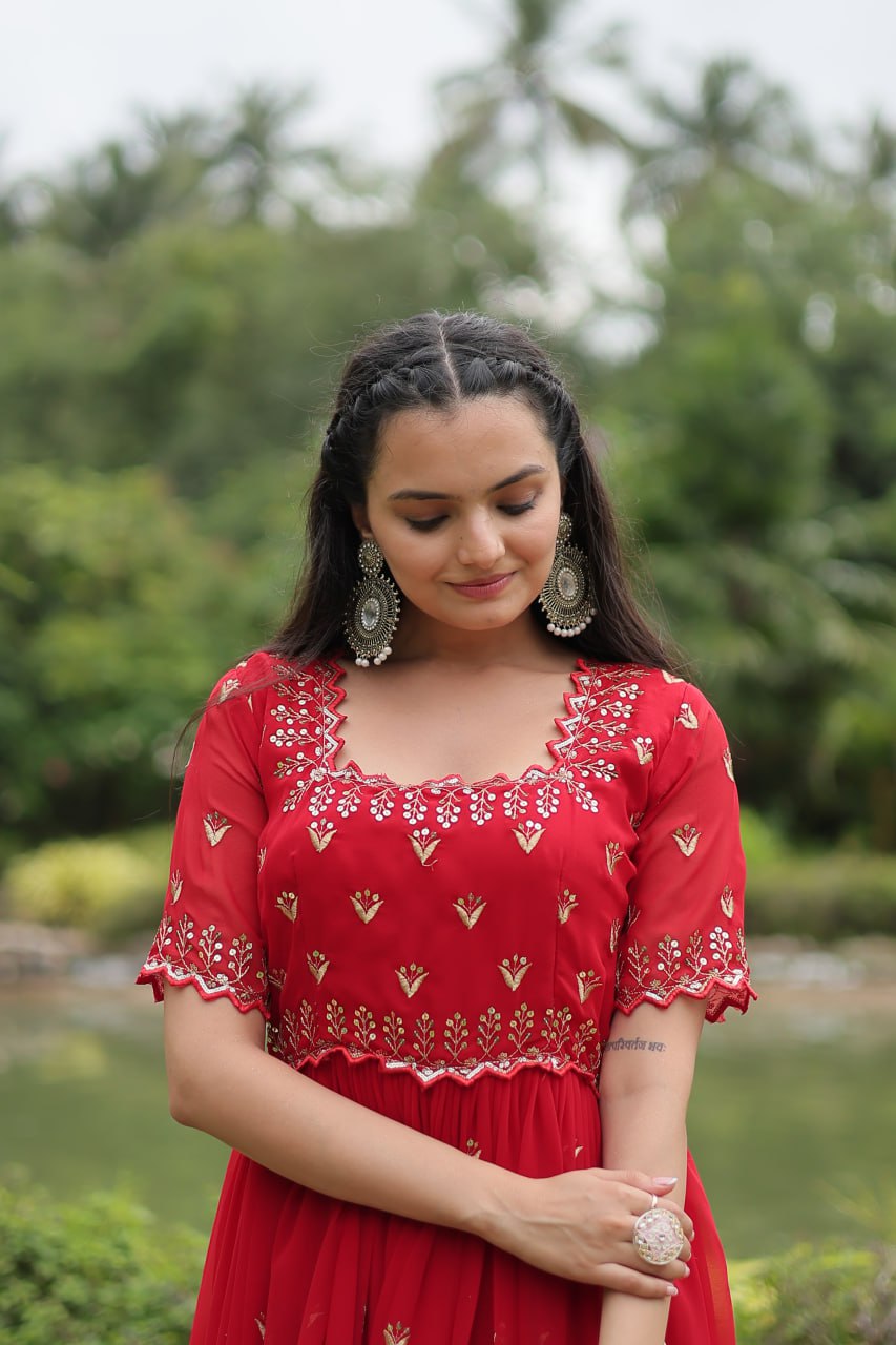 Red Faux Blooming Fabric Designer Readymade Gown with Zari & Sequins Embroidery