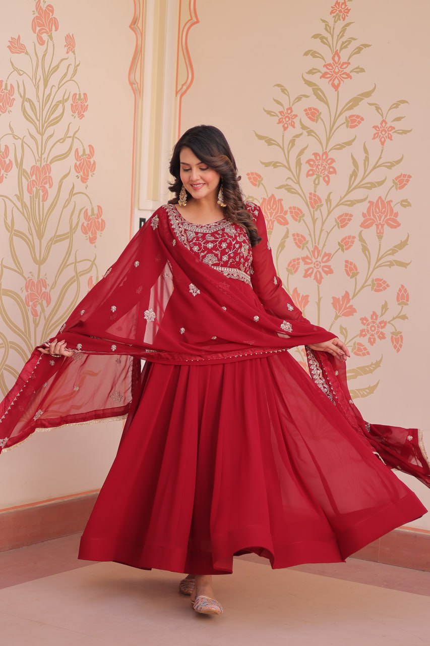 Red Faux Blooming Gown with Beads Embroidery & Designer Dupatta