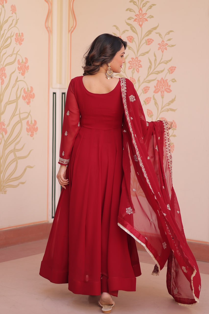 Red Faux Blooming Gown with Beads Embroidery & Designer Dupatta