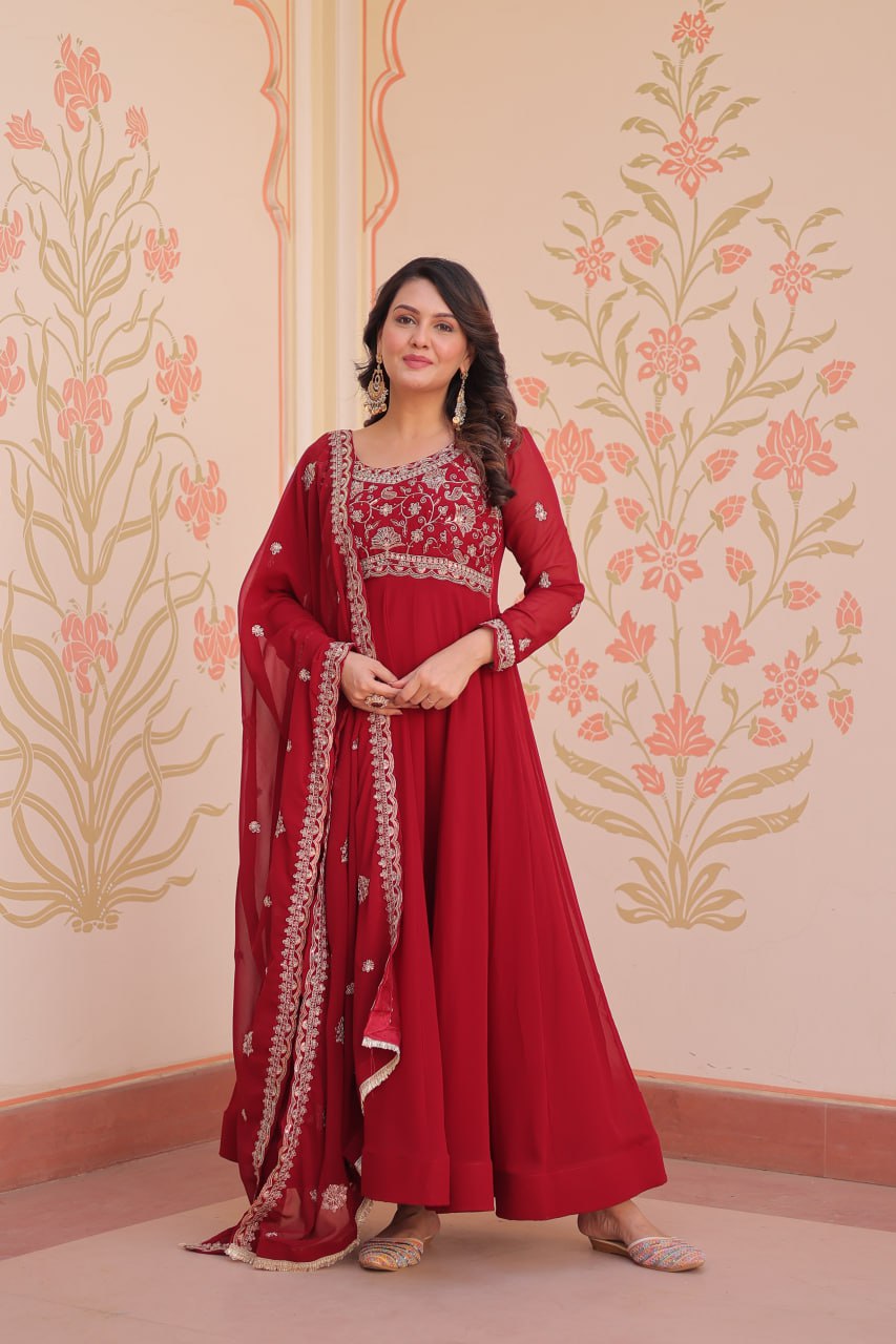 Red Faux Blooming Gown with Beads Embroidery & Designer Dupatta