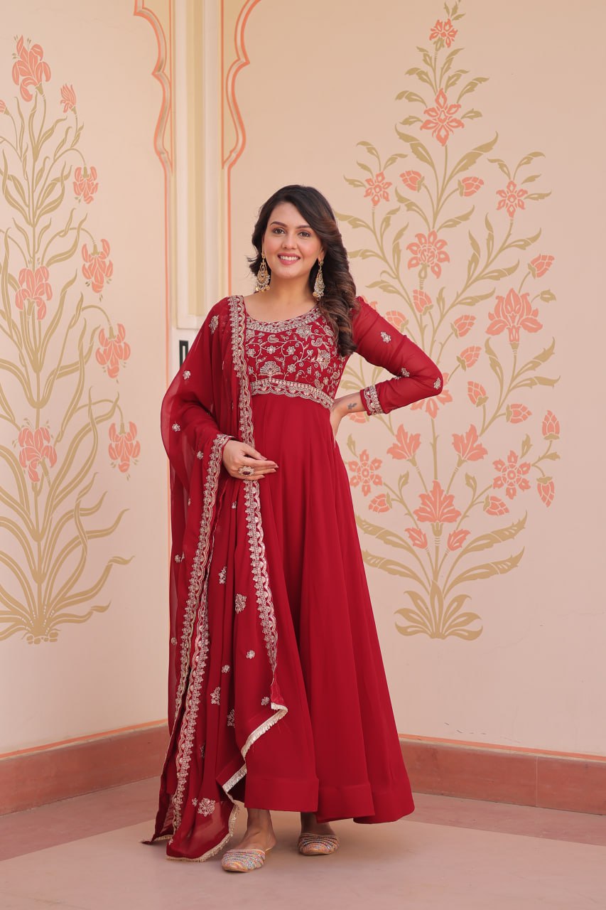 Red Faux Blooming Gown with Beads Embroidery & Designer Dupatta