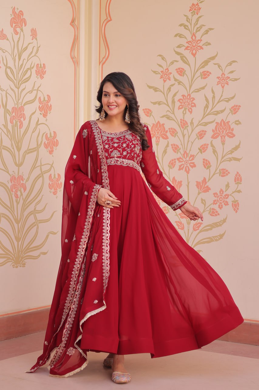 Red Faux Blooming Gown with Beads Embroidery & Designer Dupatta