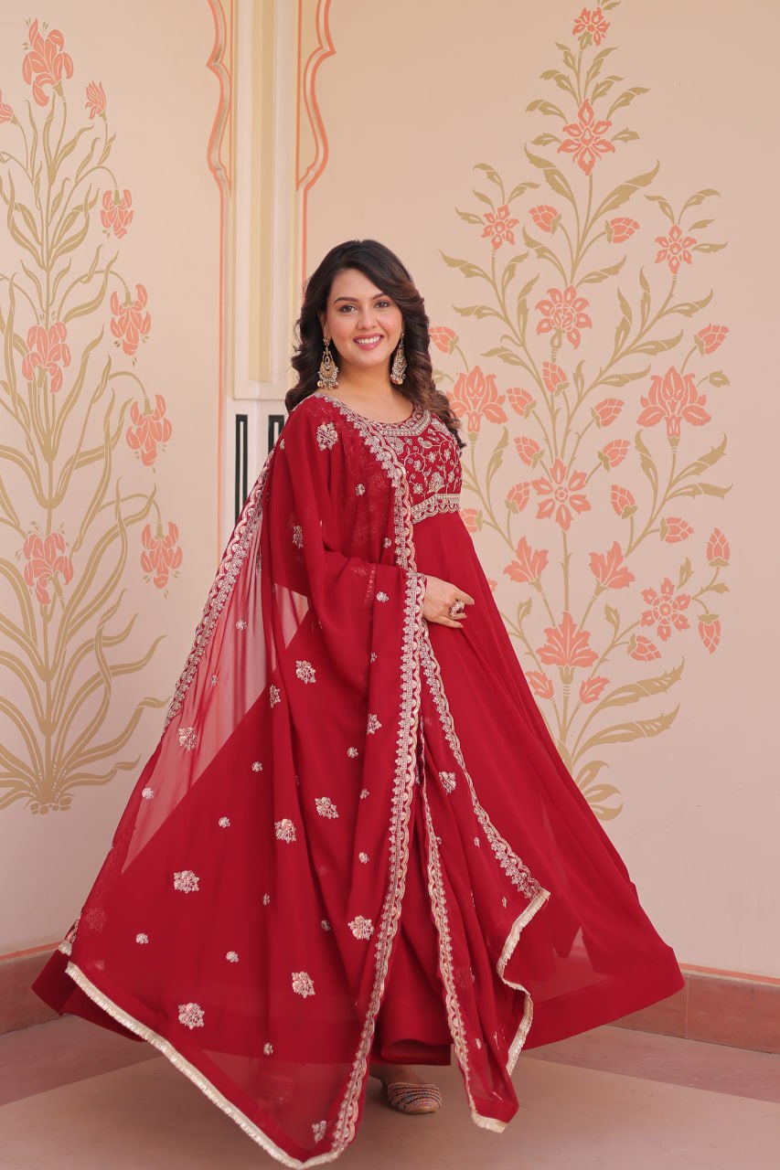Red Faux Blooming Gown with Beads Embroidery & Designer Dupatta