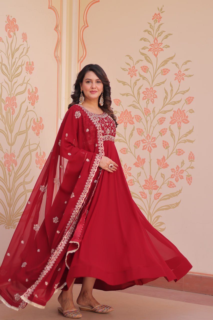 Red Faux Blooming Gown with Beads Embroidery & Designer Dupatta