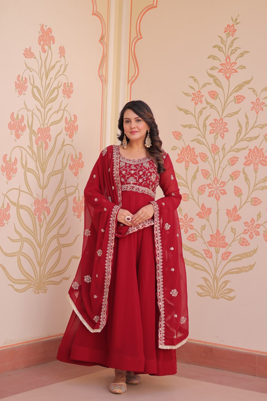 Red Faux Blooming Gown with Beads Embroidery & Designer Dupatta