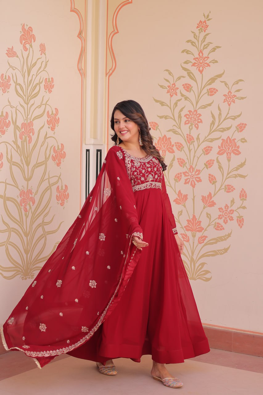 Red Faux Blooming Gown with Beads Embroidery & Designer Dupatta