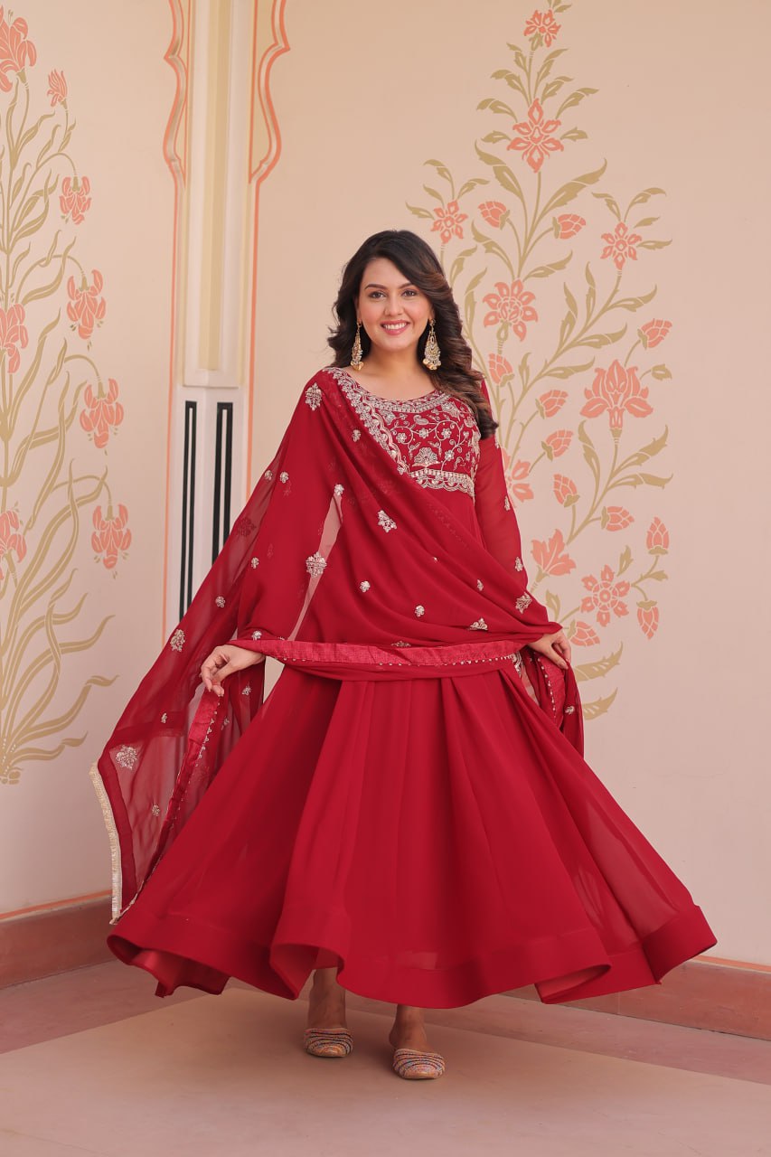 Red Faux Blooming Gown with Beads Embroidery & Designer Dupatta