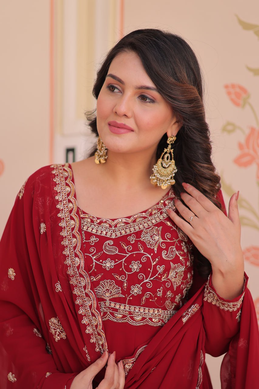 Red Faux Blooming Gown with Beads Embroidery & Designer Dupatta