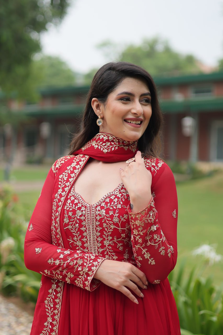 Red Faux Blooming Gown With Sequins-Multi Embroidery