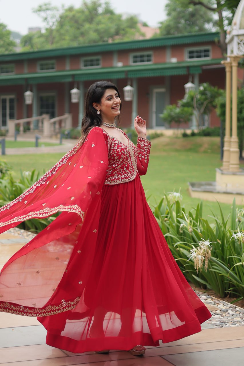 Red Faux Blooming Gown With Sequins-Multi Embroidery