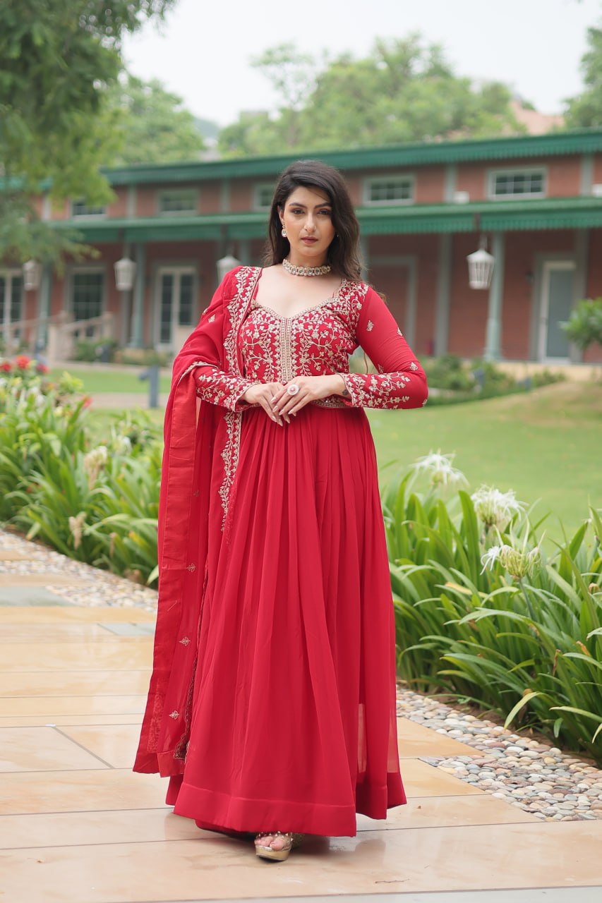 Red Faux Blooming Gown With Sequins-Multi Embroidery