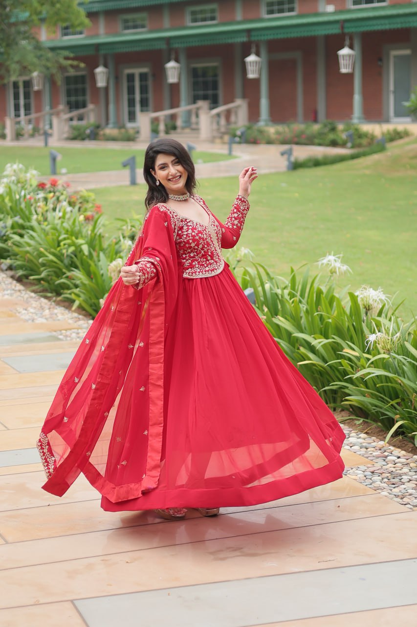 Red Faux Blooming Gown With Sequins-Multi Embroidery