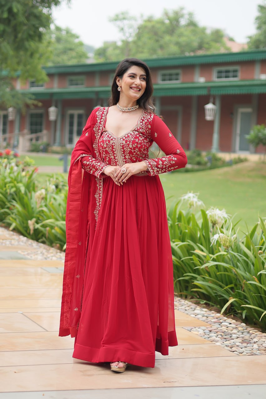 Red Faux Blooming Gown With Sequins-Multi Embroidery