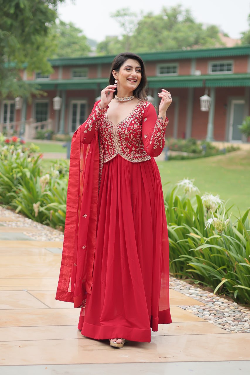 Red Faux Blooming Gown With Sequins-Multi Embroidery