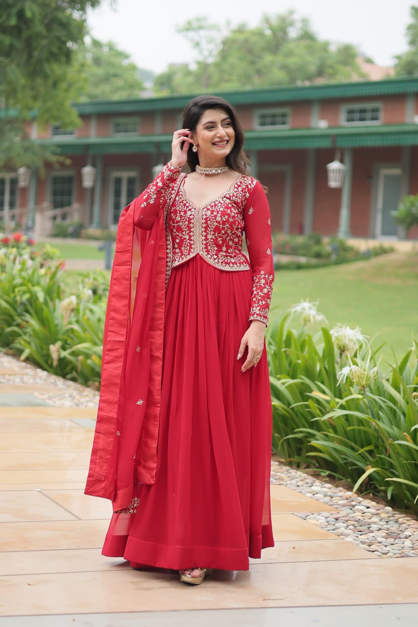 Red Faux Blooming Gown With Sequins-Multi Embroidery
