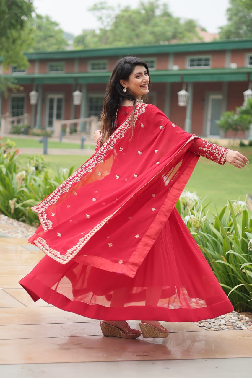 Red Faux Blooming Gown With Sequins-Multi Embroidery