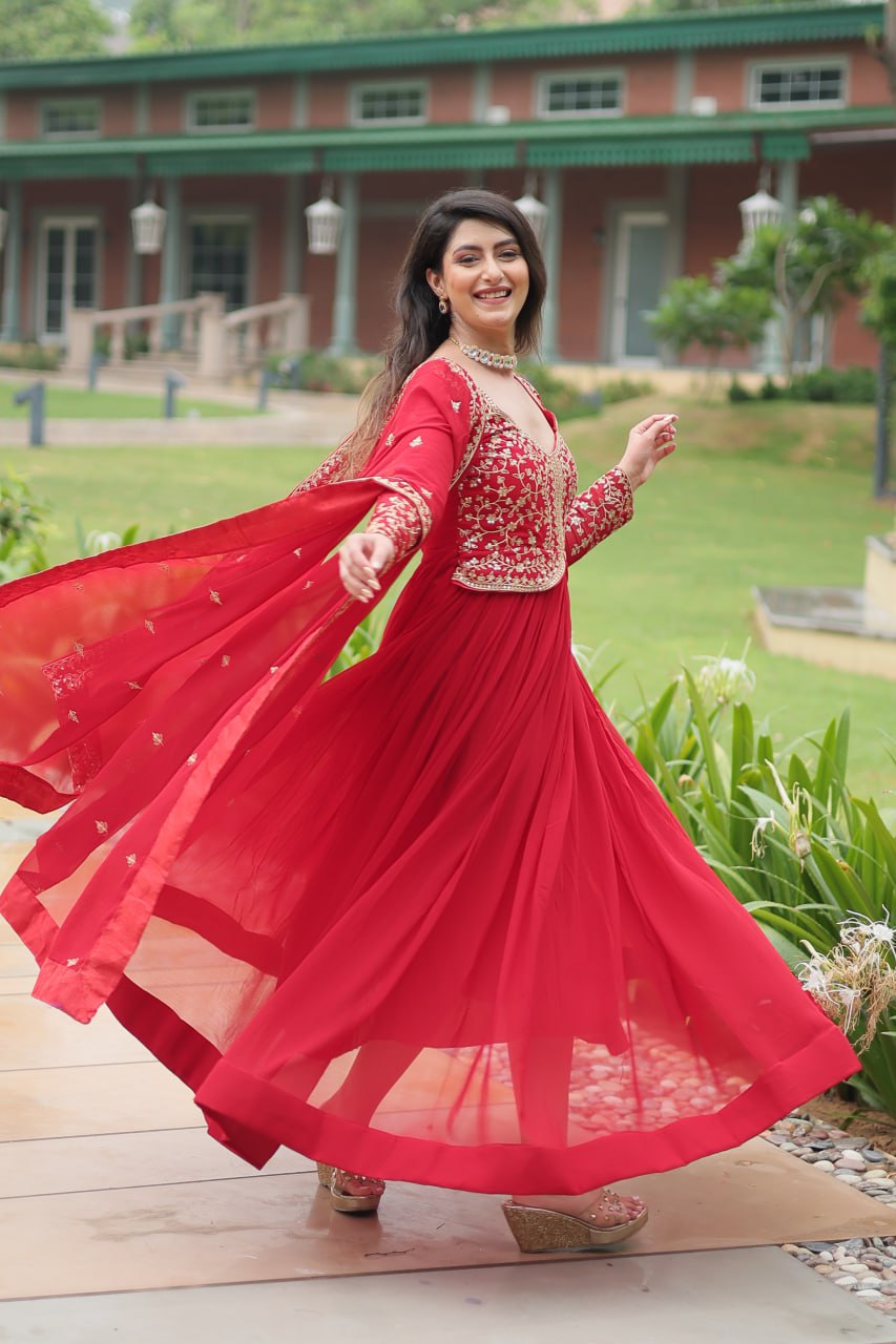 Red Faux Blooming Gown With Sequins-Multi Embroidery
