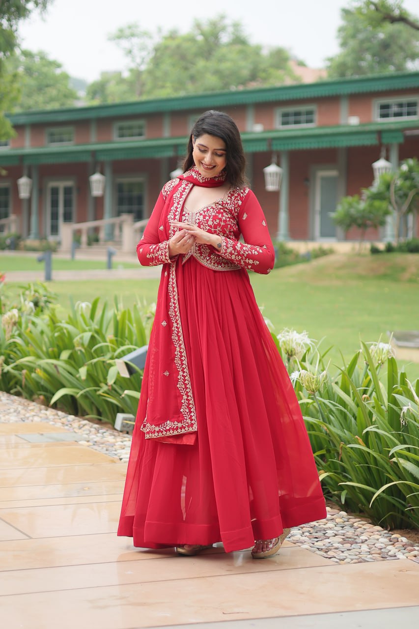 Red Faux Blooming Gown With Sequins-Multi Embroidery