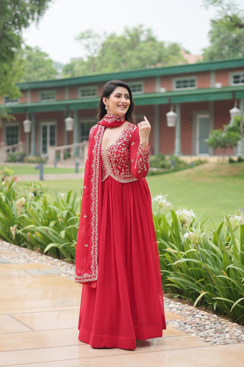 Red Faux Blooming Gown With Sequins-Multi Embroidery