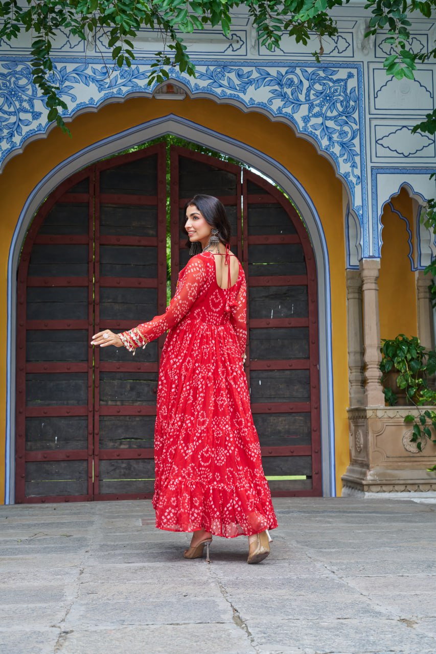 Red Faux Georgette Bandhani Print Gown with Kutchi Patchwork – Full Sleeves, 12 Meter Flair, Cotton Lining
