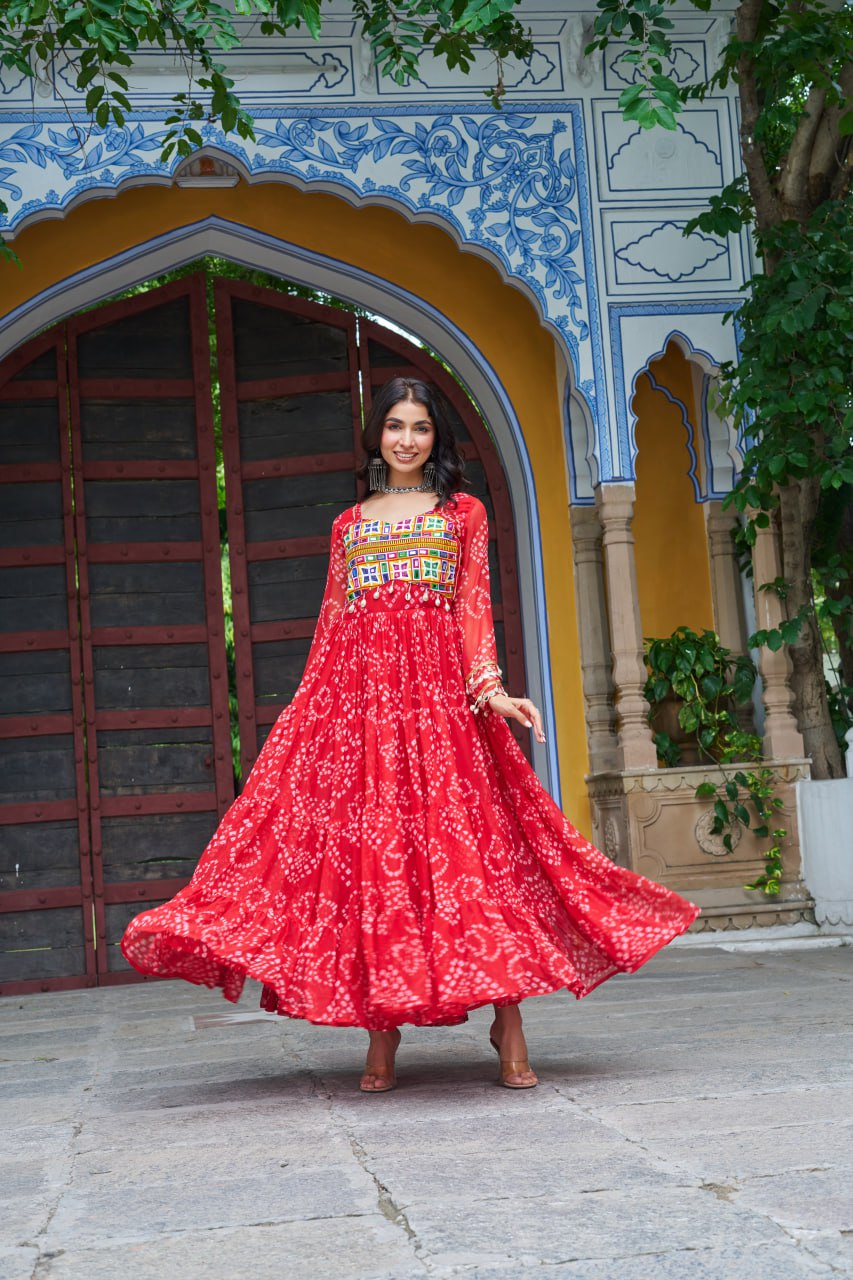 Red Faux Georgette Bandhani Print Gown with Kutchi Patchwork – Full Sleeves, 12 Meter Flair, Cotton Lining