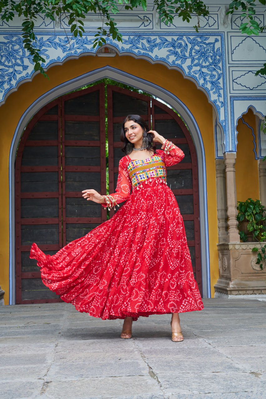Red Faux Georgette Bandhani Print Gown with Kutchi Patchwork – Full Sleeves, 12 Meter Flair, Cotton Lining