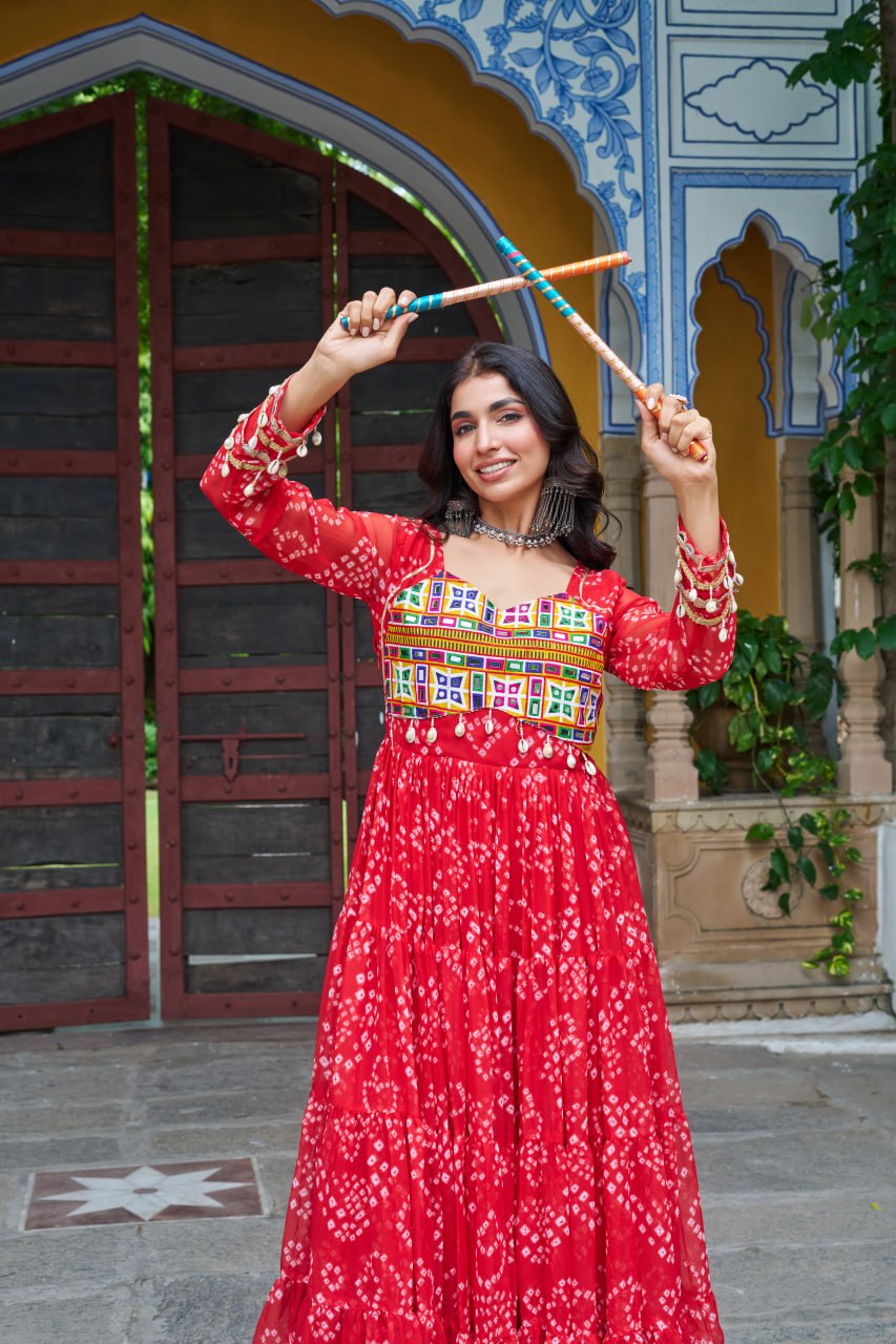 Red Faux Georgette Bandhani Print Gown with Kutchi Patchwork – Full Sleeves, 12 Meter Flair, Cotton Lining