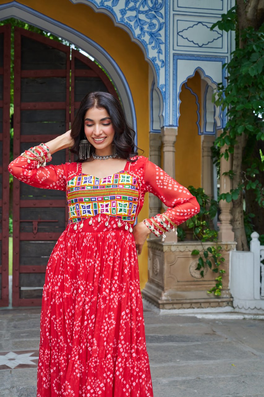 Red Faux Georgette Bandhani Print Gown with Kutchi Patchwork – Full Sleeves, 12 Meter Flair, Cotton Lining