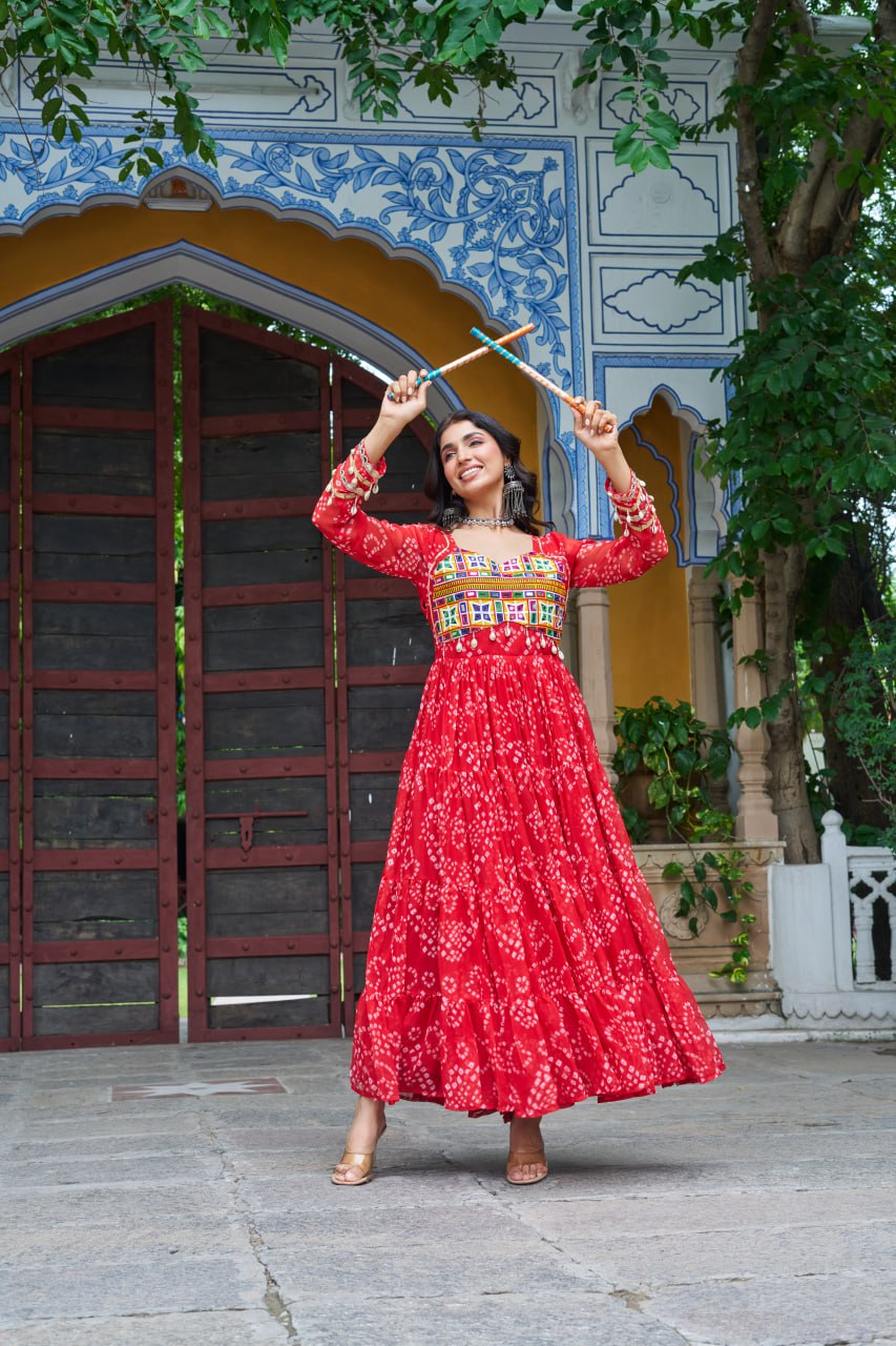 Red Faux Georgette Bandhani Print Gown with Kutchi Patchwork – Full Sleeves, 12 Meter Flair, Cotton Lining