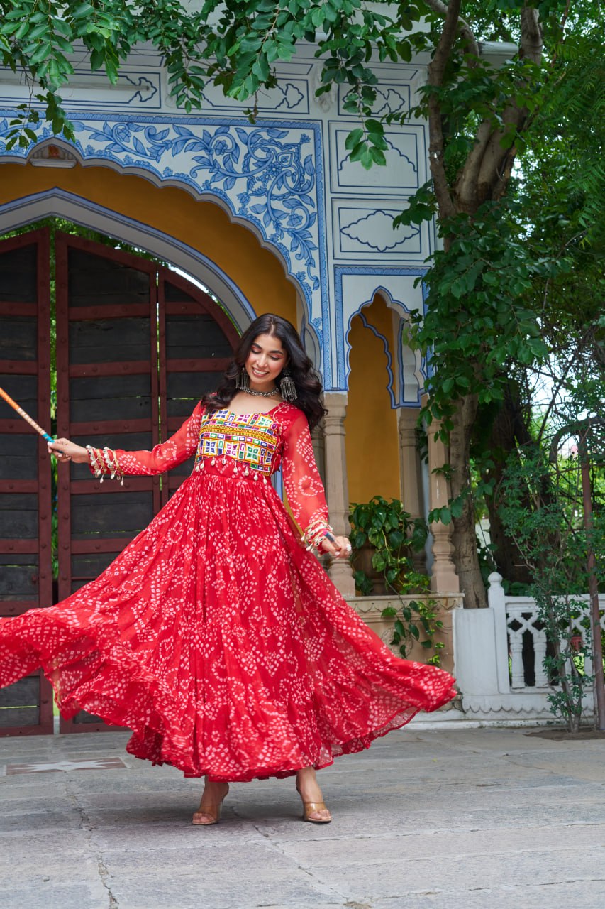 Red Faux Georgette Bandhani Print Gown with Kutchi Patchwork – Full Sleeves, 12 Meter Flair, Cotton Lining