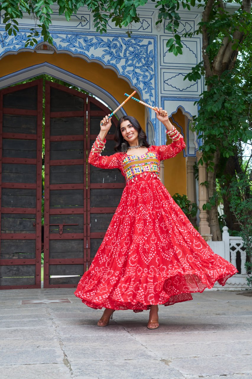 Red Faux Georgette Bandhani Print Gown with Kutchi Patchwork – Full Sleeves, 12 Meter Flair, Cotton Lining