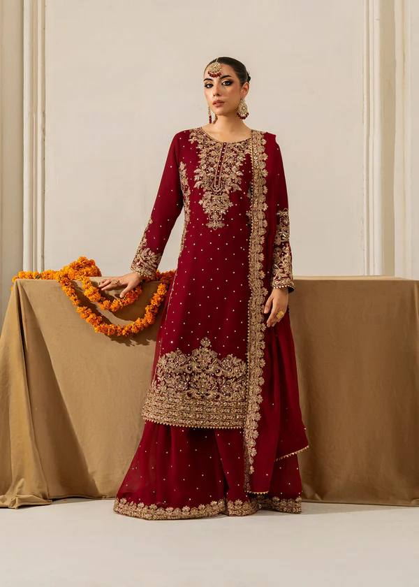 Red Faux Georgette Co-Ord Set with Coding, Sequin & Rivet Moti Work – Plazo & Dupatta Set
