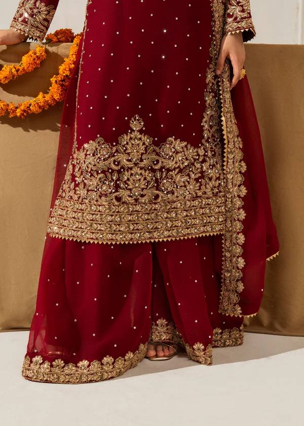 Red Faux Georgette Co-Ord Set with Coding, Sequin & Rivet Moti Work – Plazo & Dupatta Set