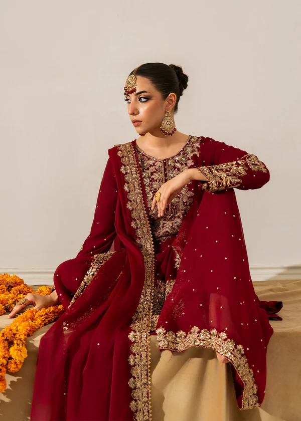Red Faux Georgette Co-Ord Set with Coding, Sequin & Rivet Moti Work – Plazo & Dupatta Set