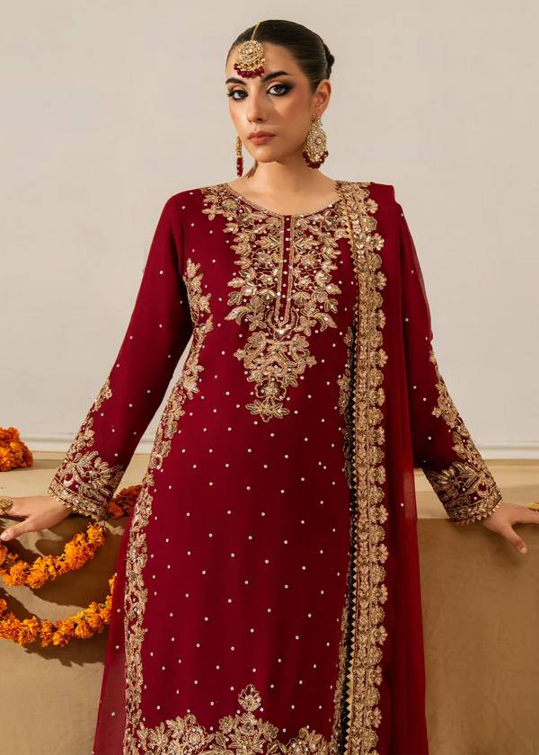 Red Faux Georgette Co-Ord Set with Coding, Sequin & Rivet Moti Work – Plazo & Dupatta Set