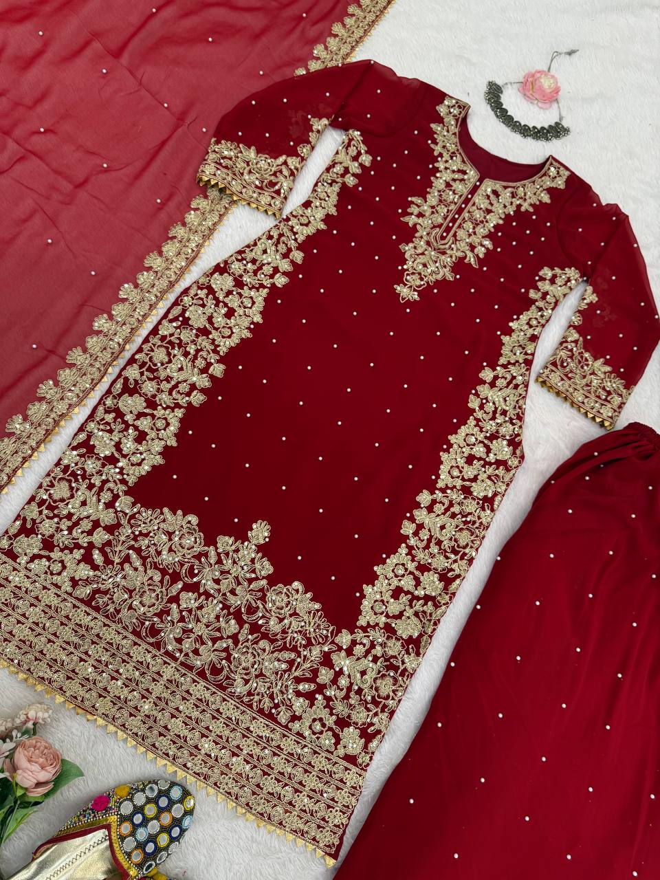 Red Faux Georgette Co-Ord Set with Coding, Sequin & Rivet Moti Work – Plazo & Dupatta Set