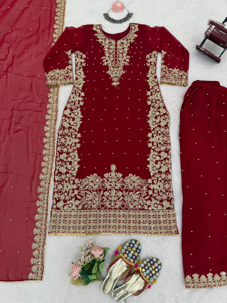 Red Faux Georgette Co-Ord Set with Coding, Sequin & Rivet Moti Work – Plazo & Dupatta Set