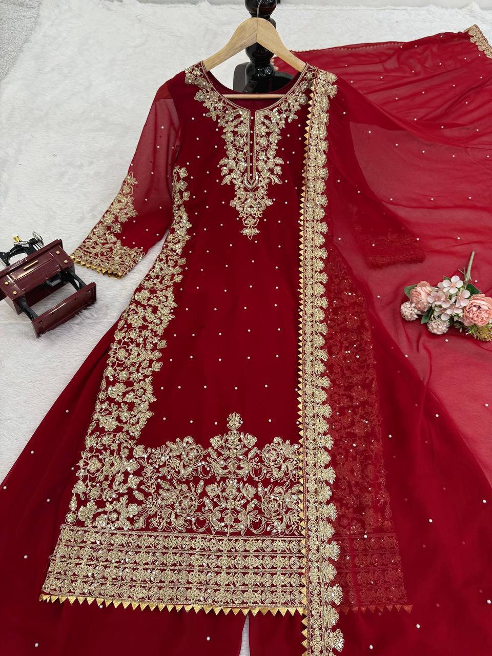Red Faux Georgette Co-Ord Set with Coding, Sequin & Rivet Moti Work – Plazo & Dupatta Set