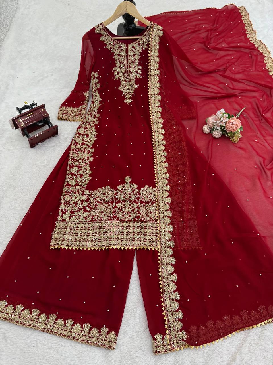 Red Faux Georgette Co-Ord Set with Coding, Sequin & Rivet Moti Work – Plazo & Dupatta Set