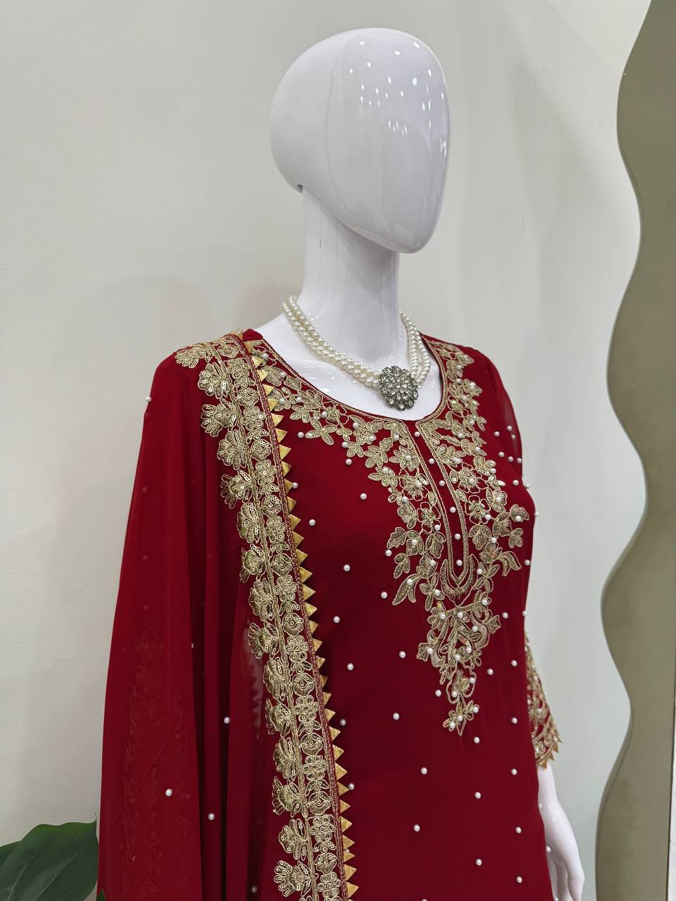 Red Faux Georgette Co-Ord Set with Coding, Sequin & Rivet Moti Work – Plazo & Dupatta Set