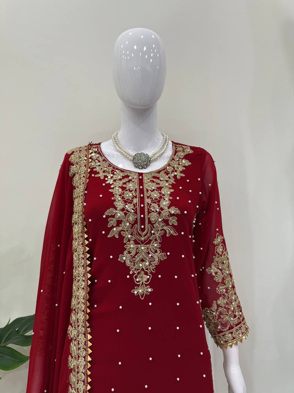 Red Faux Georgette Co-Ord Set with Coding, Sequin & Rivet Moti Work – Plazo & Dupatta Set